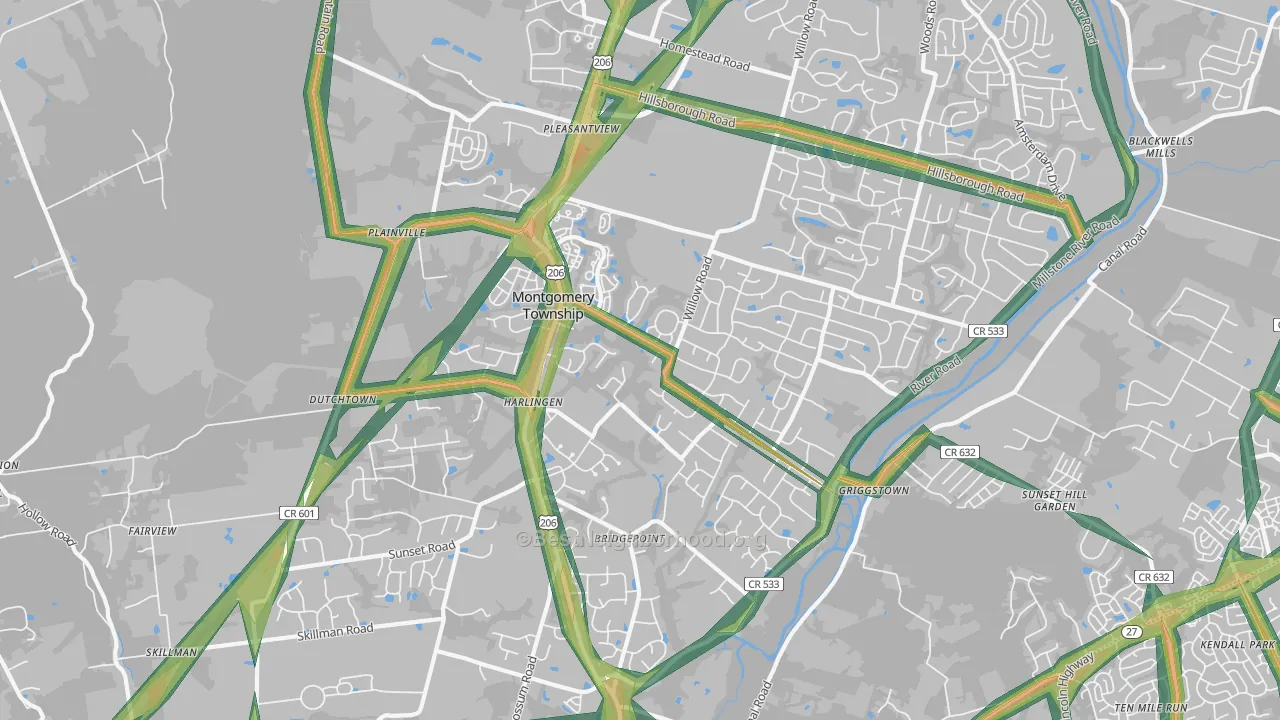 Belle Mead, NJ Map of Noise Levels in Belle Mead