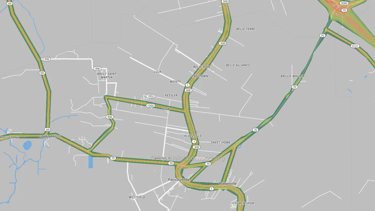 Belle Rose, LA Map of Noise Levels in Belle Rose