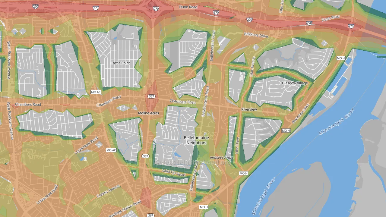 Bellefontaine Neighbors, MO Map of Noise Levels in Bellefontaine Neighbors
