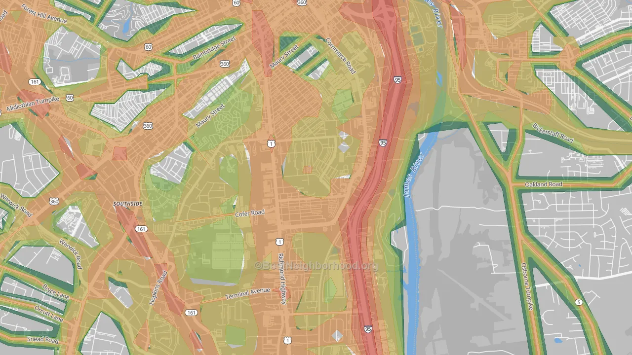 Bellemeade, Richmond, VA Map of Noise Levels in Bellemeade