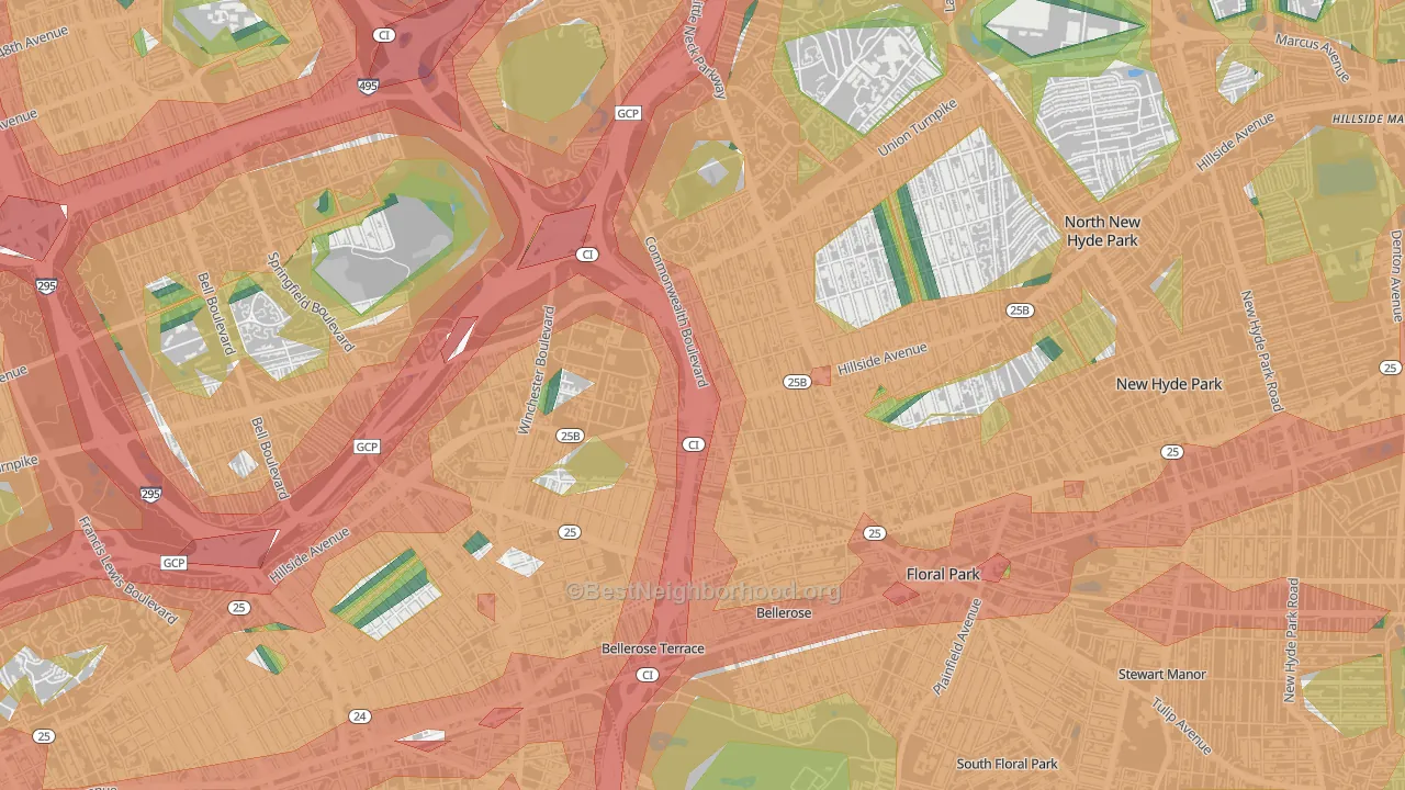 Bellerose, Queens, NY Map of Noise Levels in Bellerose