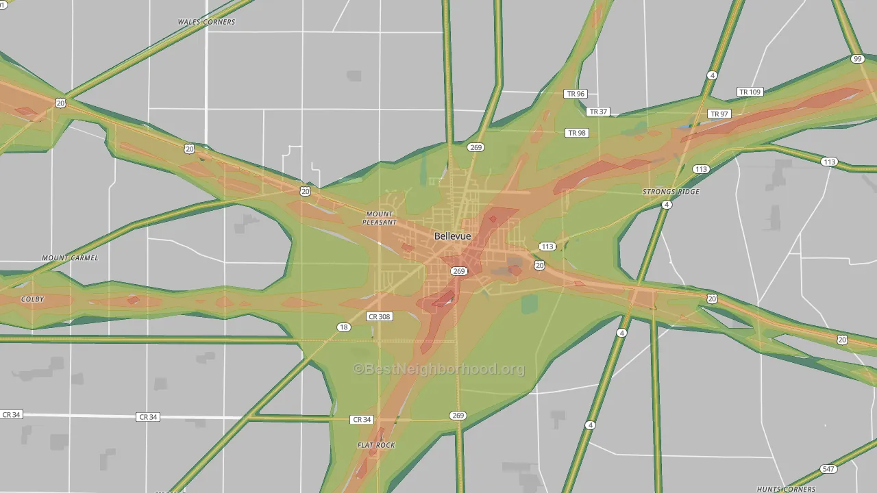 Bellevue, OH Map of Noise Levels in Bellevue