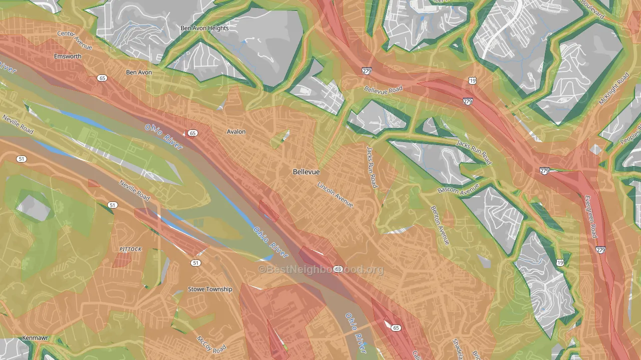Bellevue, PA Map of Noise Levels in Bellevue