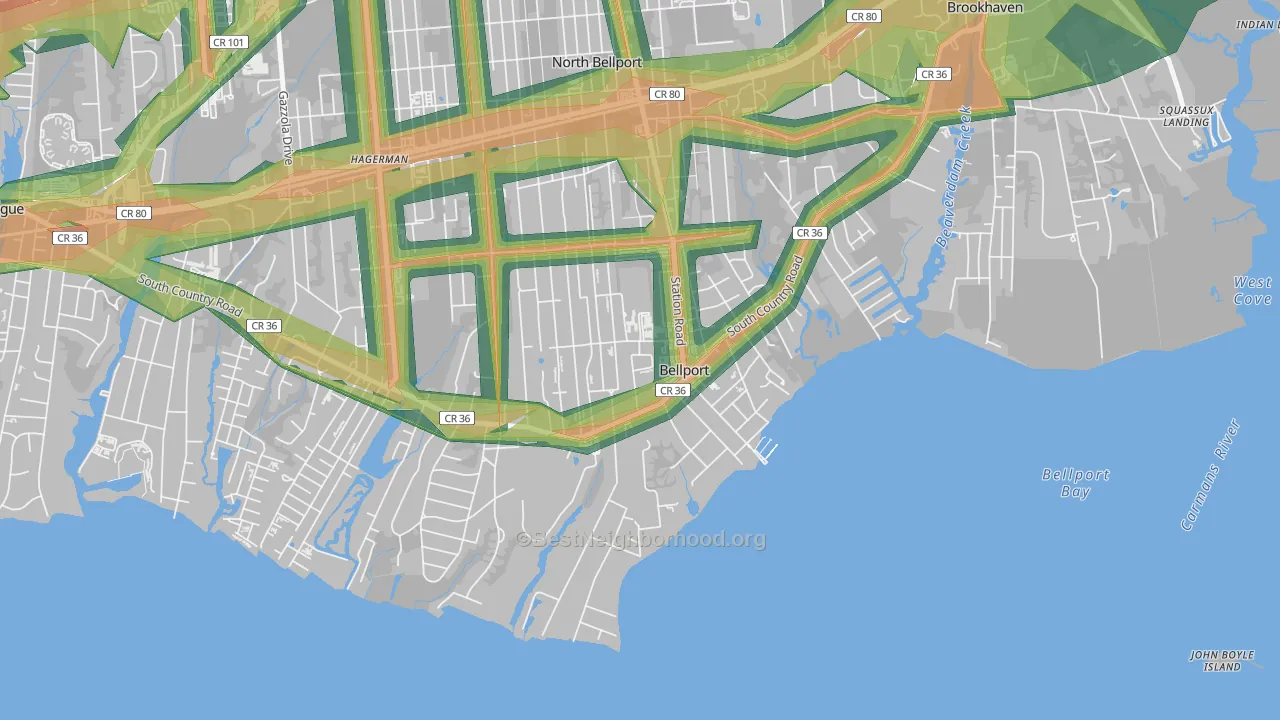 Bellport, NY Map of Noise Levels in Bellport