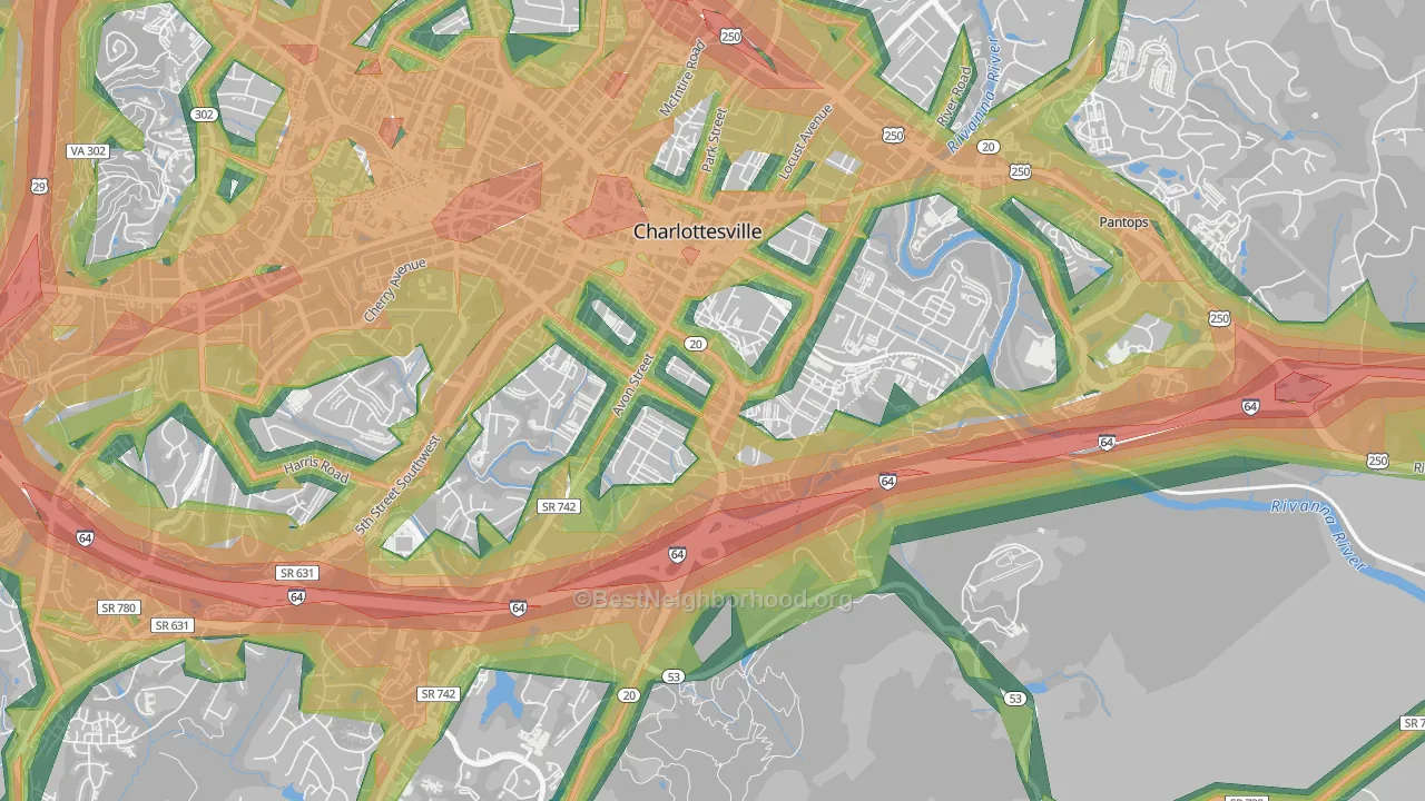 Belmont-Charlottesville, Charlottesville, VA Map of Noise Levels in Belmont-Charlottesville