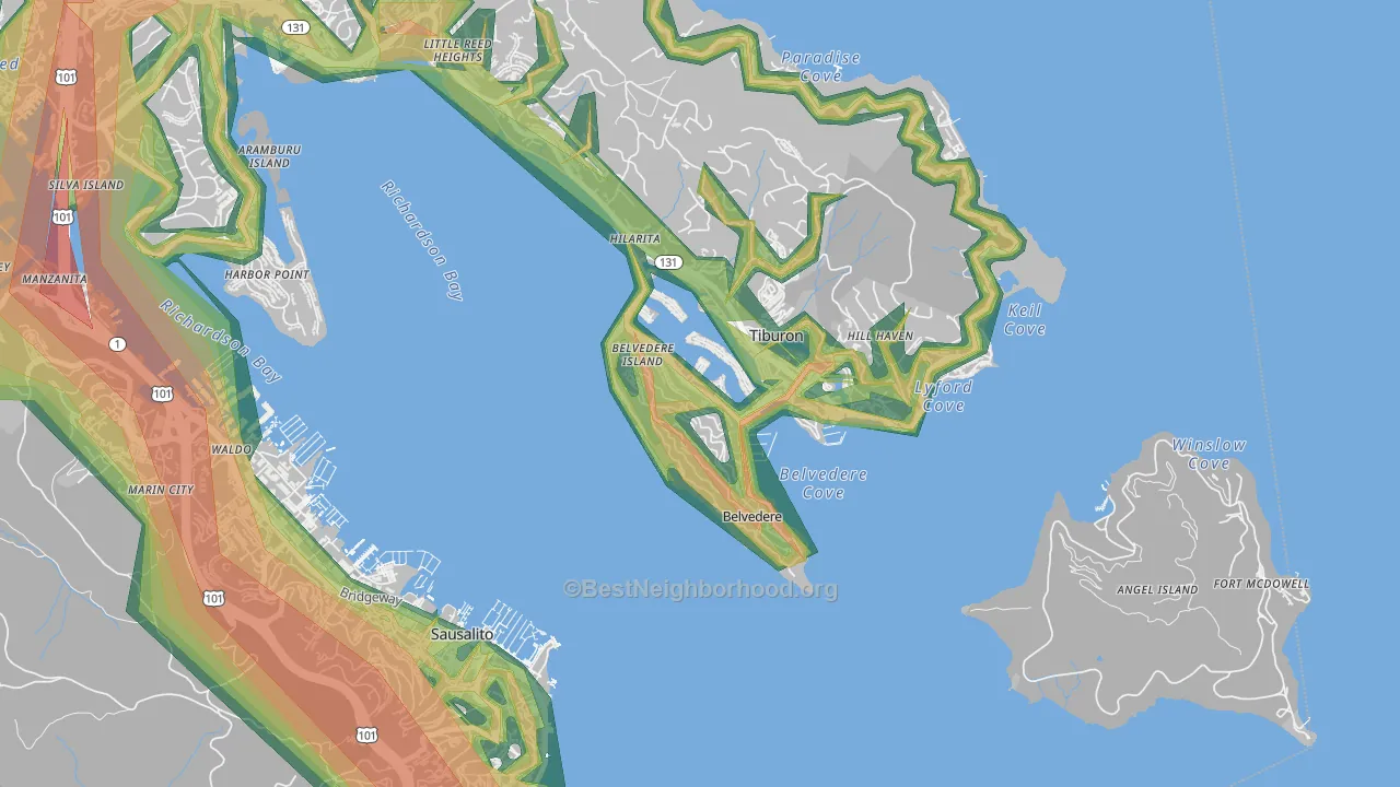 Belvedere, CA Map of Noise Levels in Belvedere