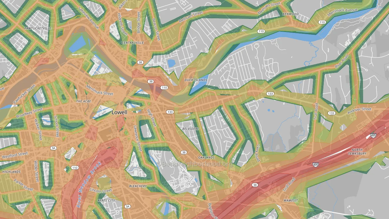 Belvidere, Lowell, MA Map of Noise Levels in Belvidere