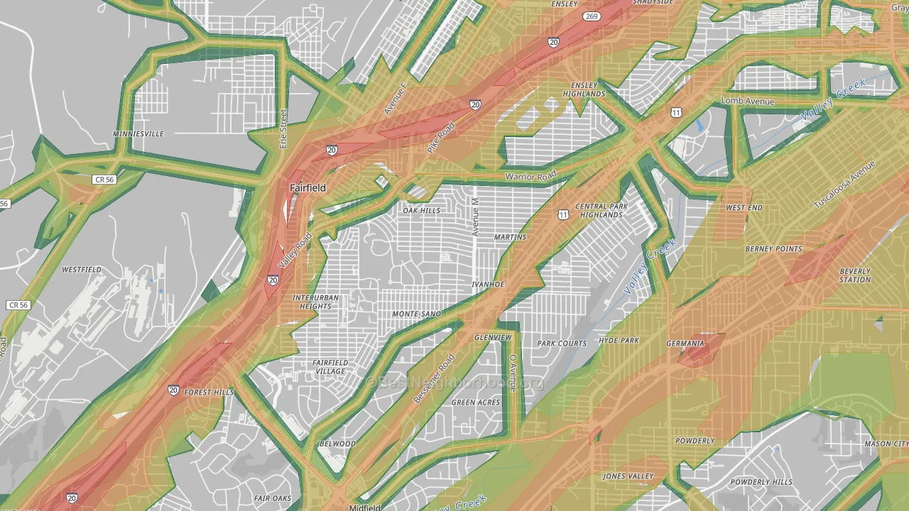 Belview Heights, Birmingham, AL Map of Noise Levels in Belview Heights