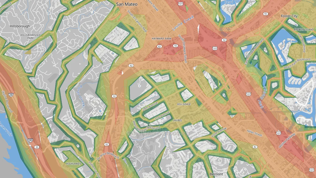 Beresford, San Mateo, CA Map of Noise Levels in Beresford