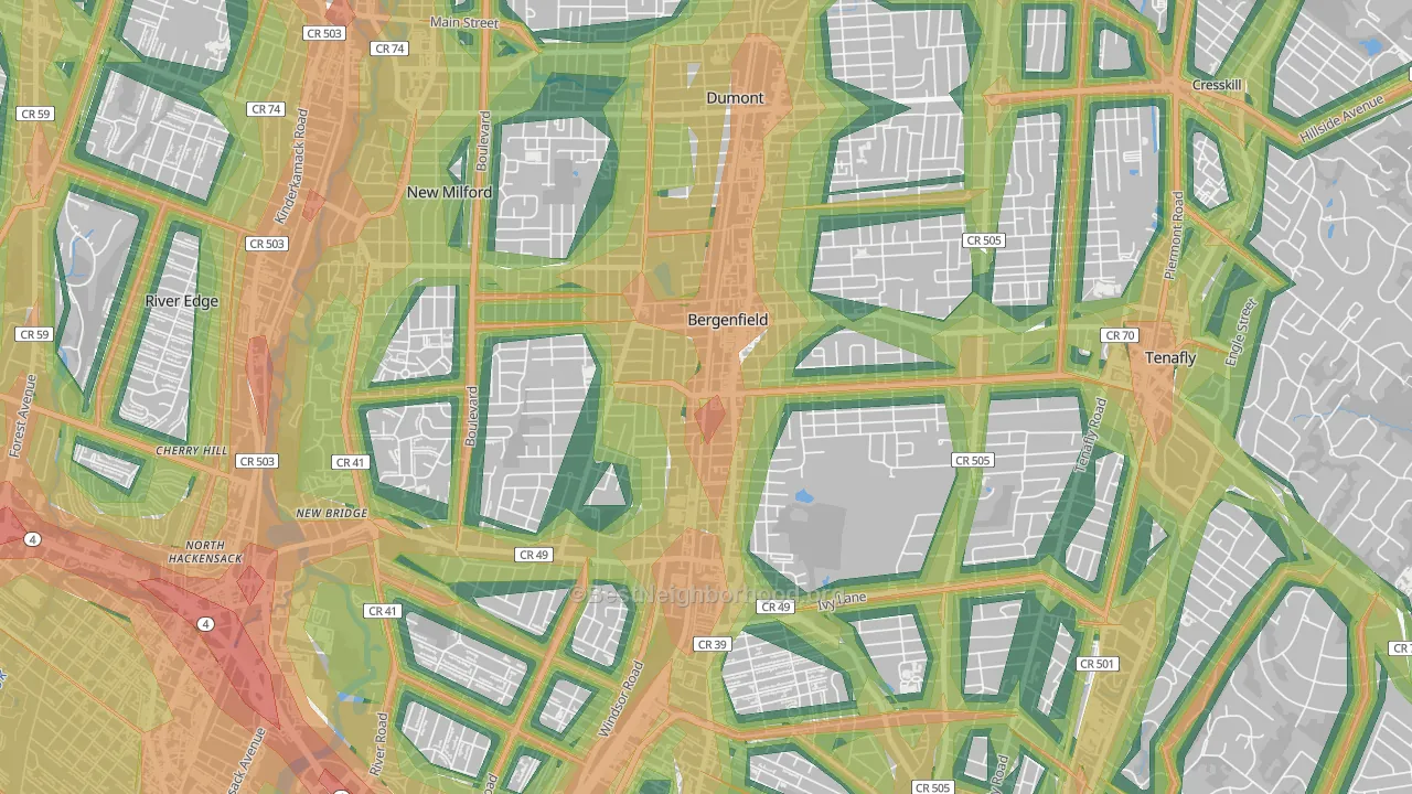 Bergenfield, NJ Map of Noise Levels in Bergenfield
