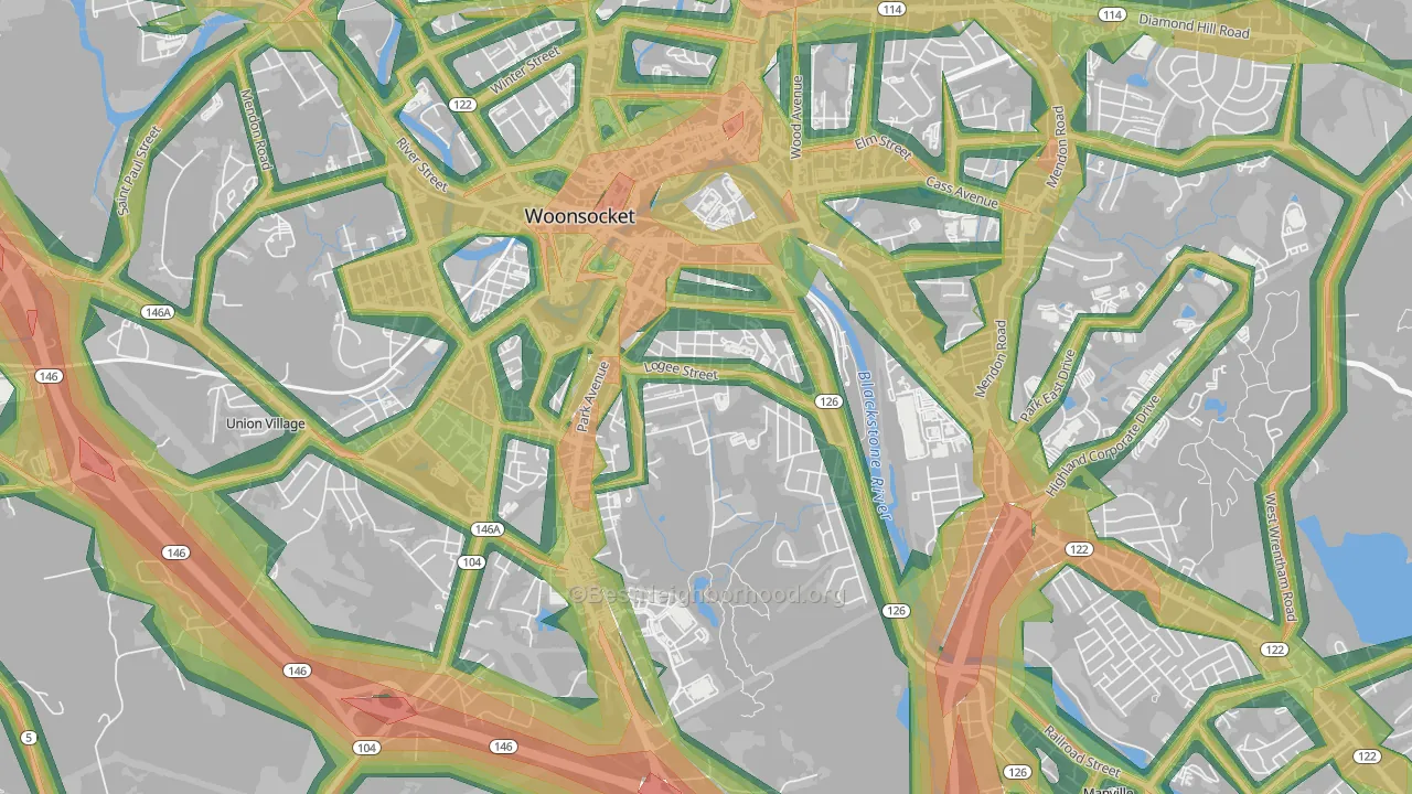 Bernon Heights, Woonsocket, RI Map of Noise Levels in Bernon Heights