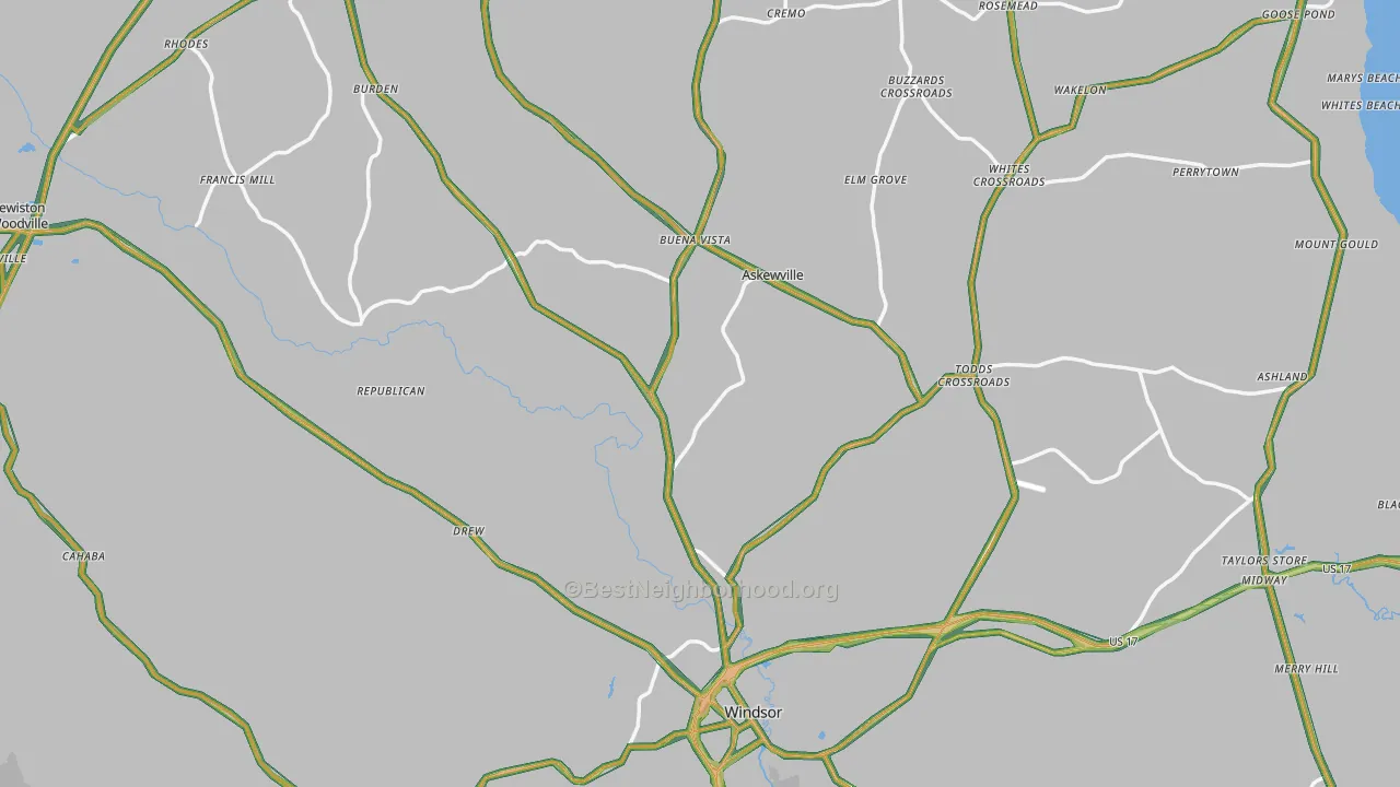 Bertie County, NC Map of Noise Levels in Bertie County