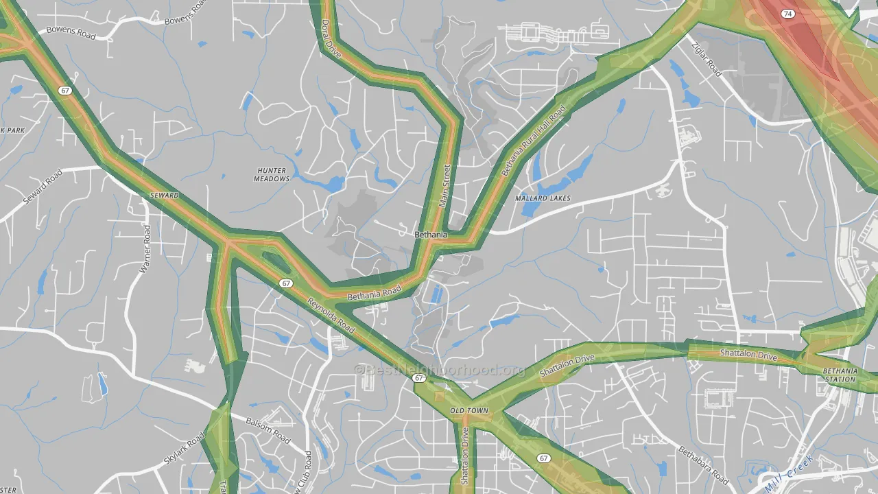 Bethania, NC Map of Noise Levels in Bethania