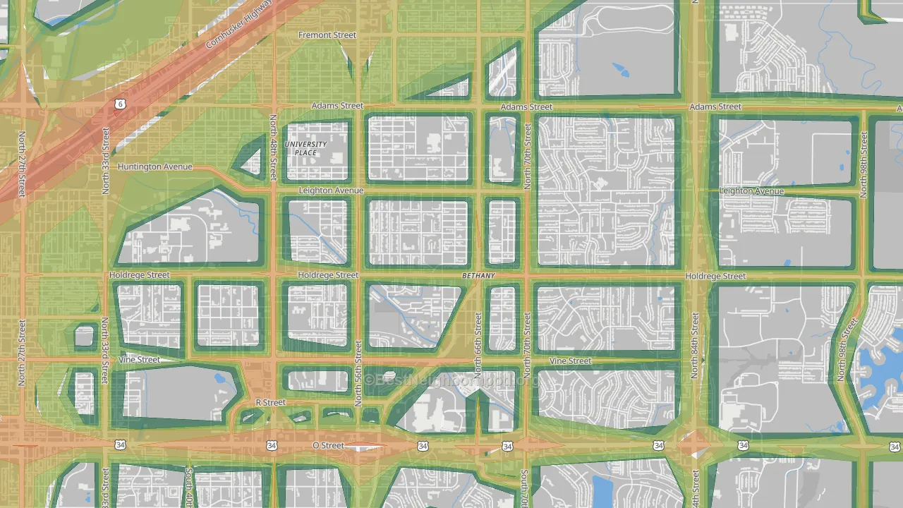Bethany, Lincoln, NE Map of Noise Levels in Bethany