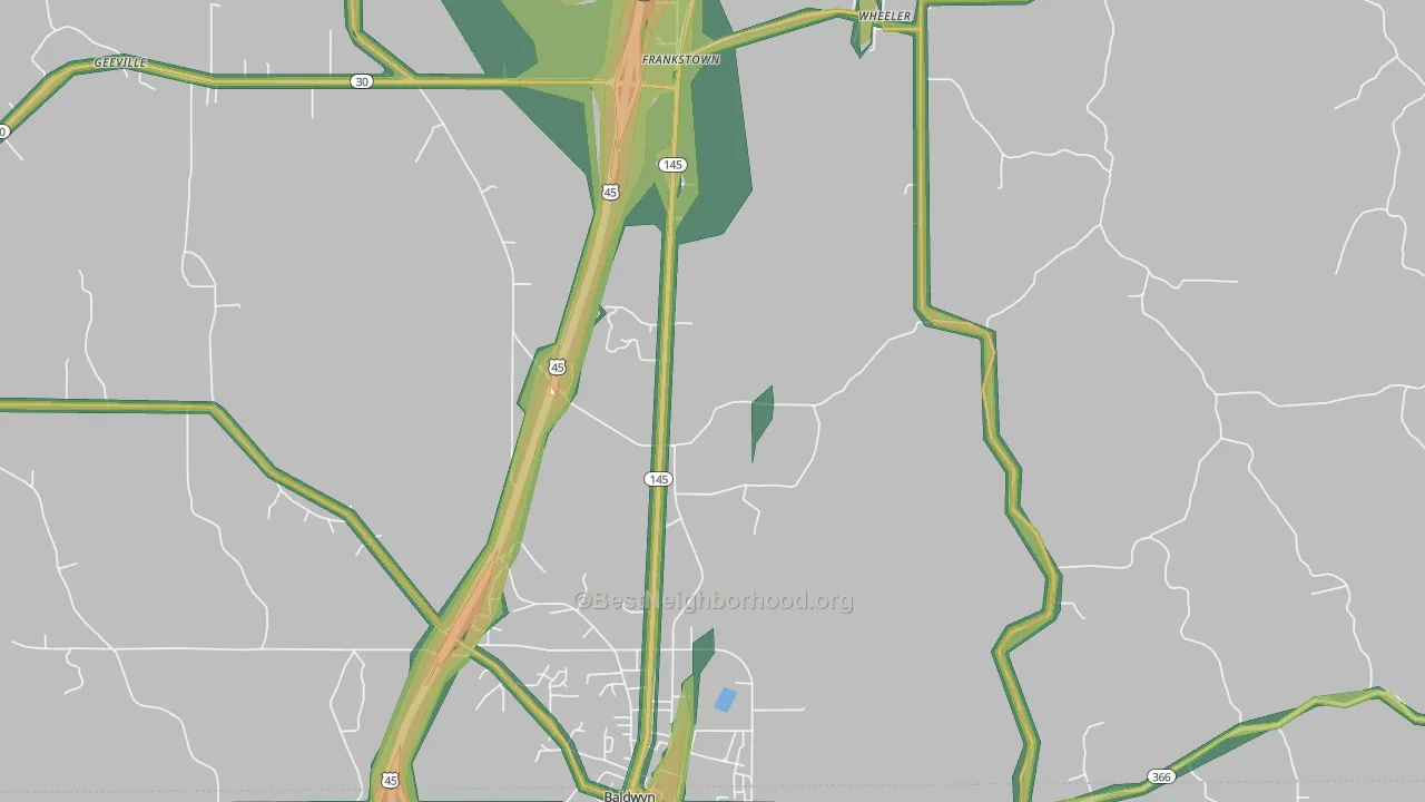 Bethany, MS Map of Noise Levels in Bethany