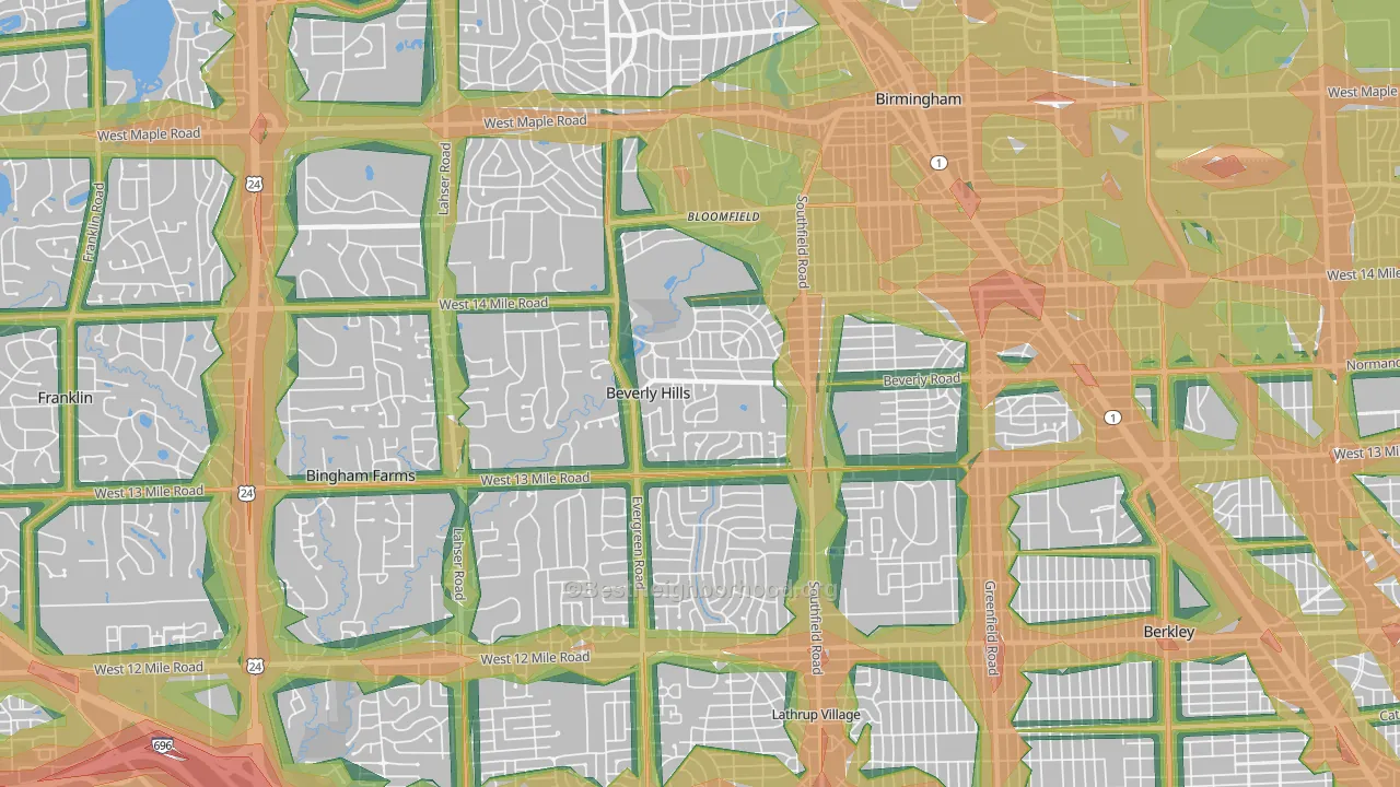 Beverly Hills, MI Map of Noise Levels in Beverly Hills