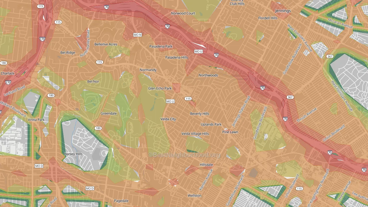Beverly Hills, MO Map of Noise Levels in Beverly Hills