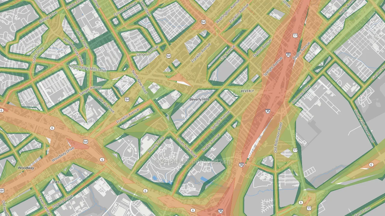 Beverly Hills, TX Map of Noise Levels in Beverly Hills