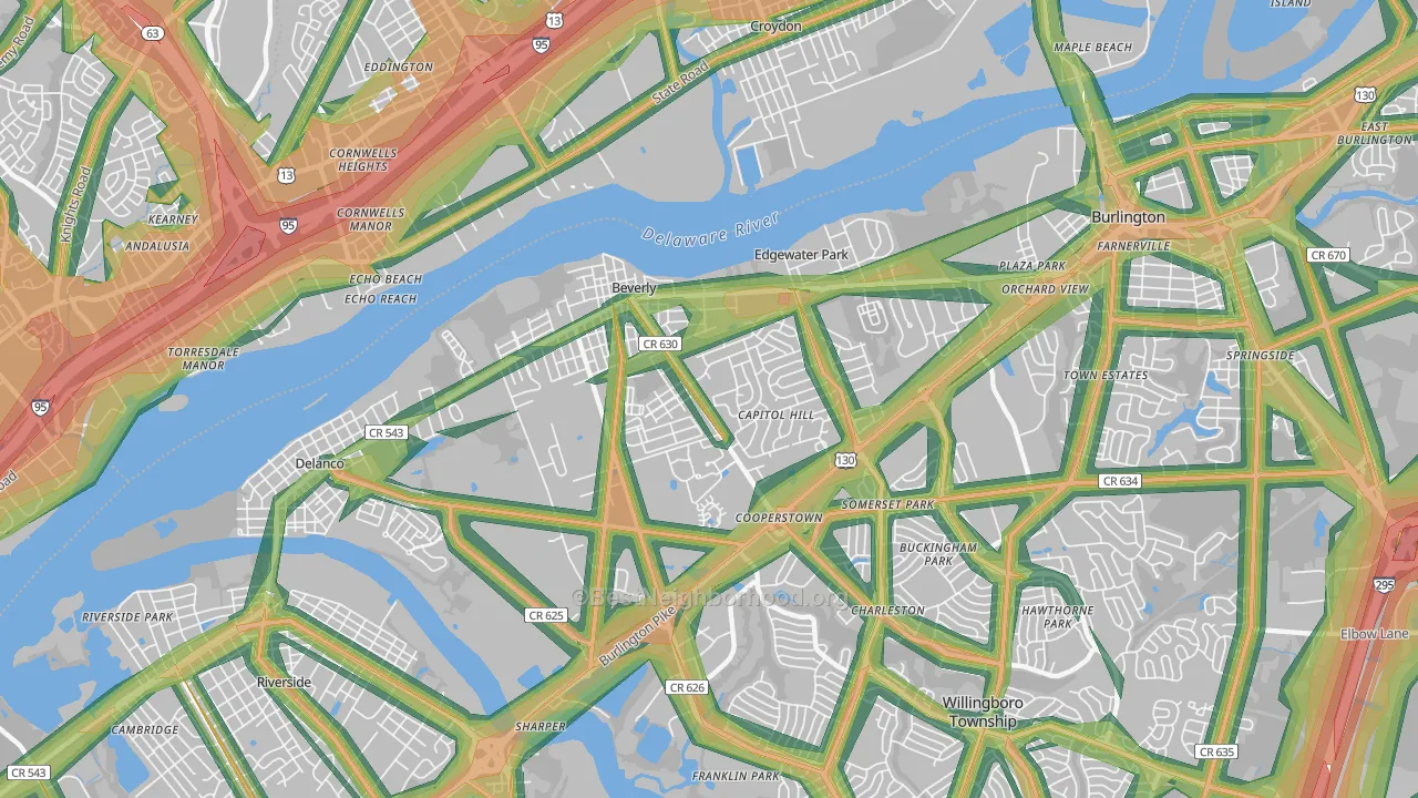 Beverly, NJ Map of Noise Levels in Beverly
