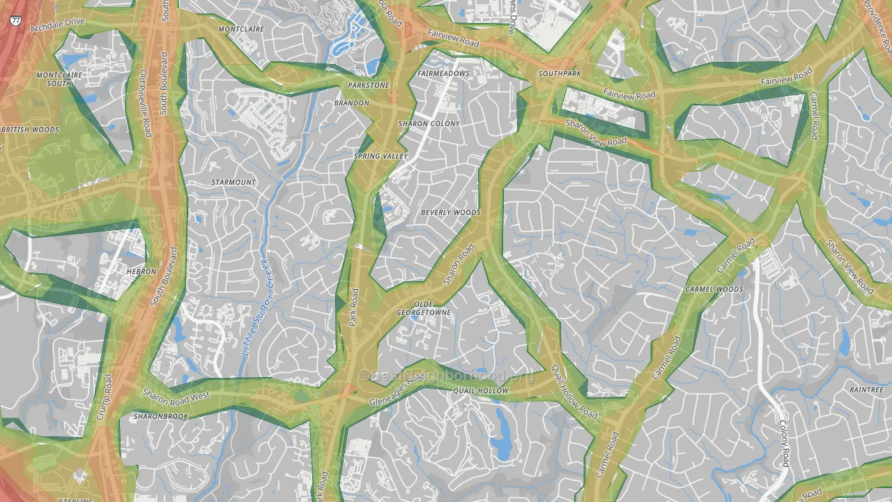 Beverly Woods, Charlotte, NC Map of Noise Levels in Beverly Woods