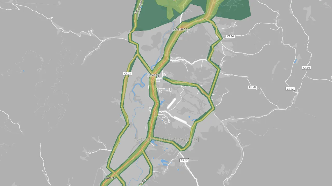 Beverly, WV Map of Noise Levels in Beverly