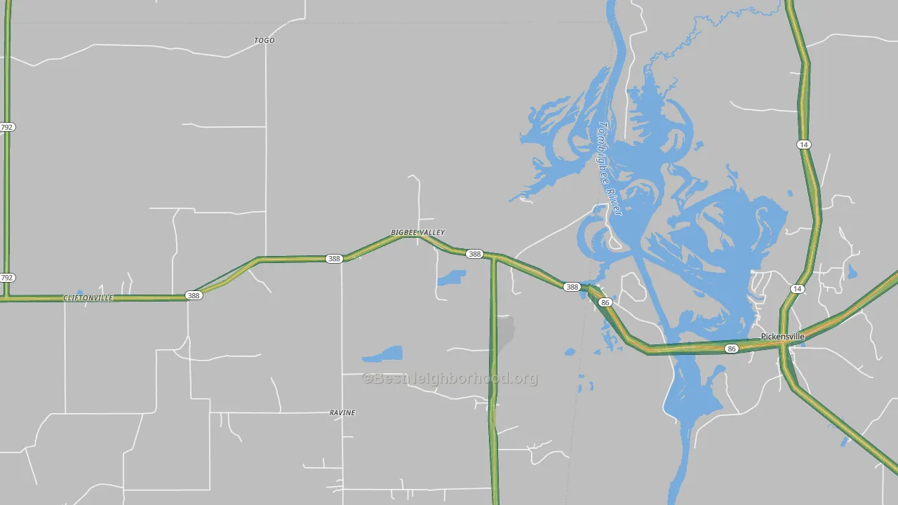 Bigbee Valley, MS Map of Noise Levels in Bigbee Valley