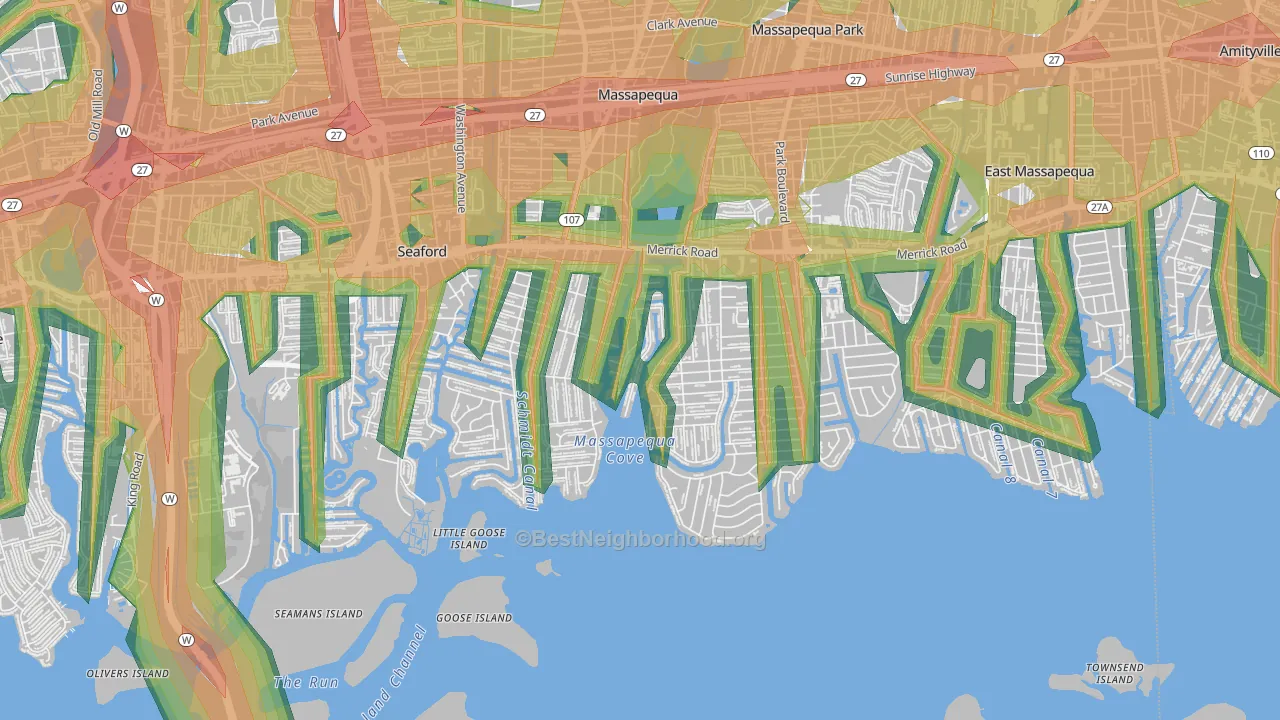 Biltmore Shores, Massapequa, NY Map of Noise Levels in Biltmore Shores