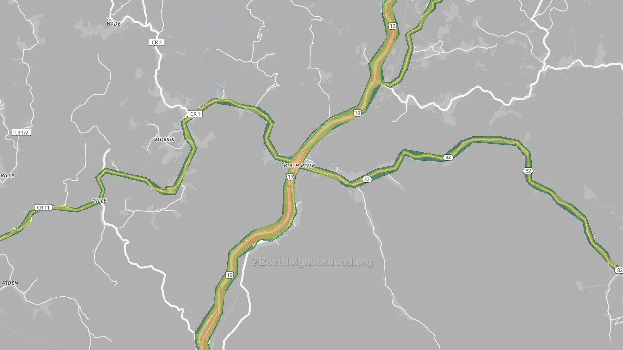 Birch River, WV Map of Noise Levels in Birch River