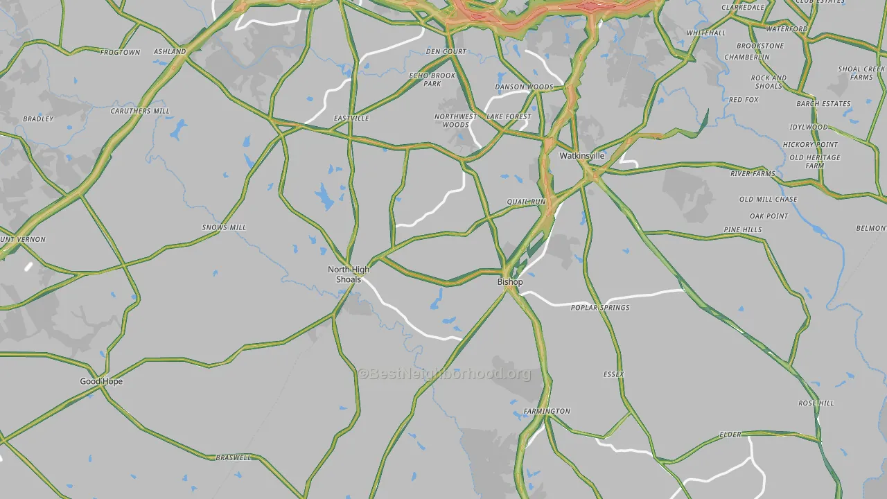 Bishop, GA Map of Noise Levels in Bishop