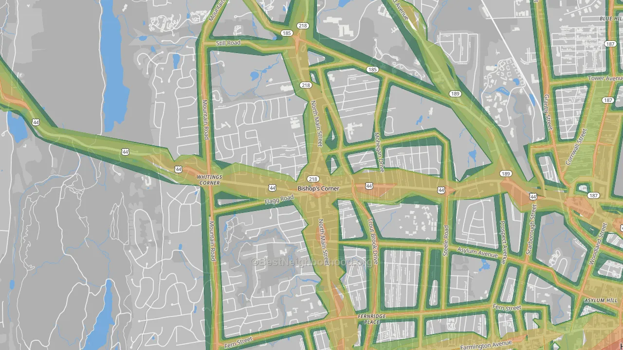 Bishops Corner, West Hartford, CT Map of Noise Levels in Bishops Corner