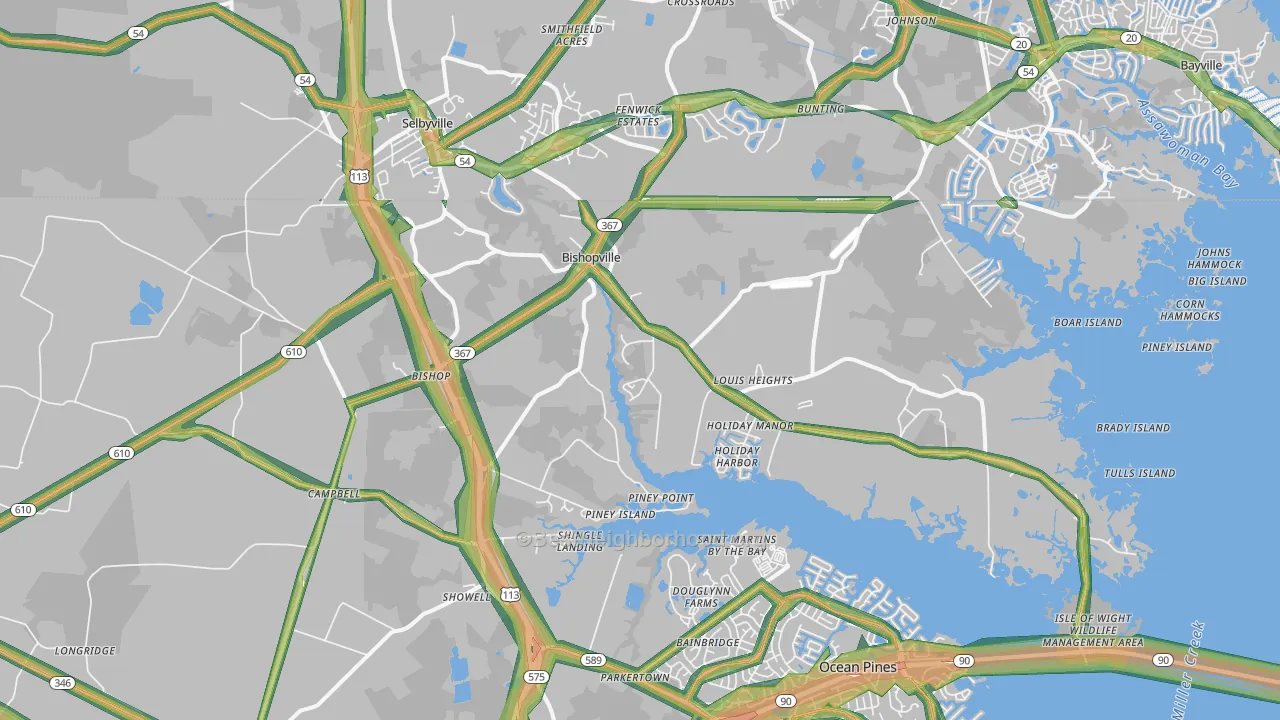 Bishopville, MD Map of Noise Levels in Bishopville