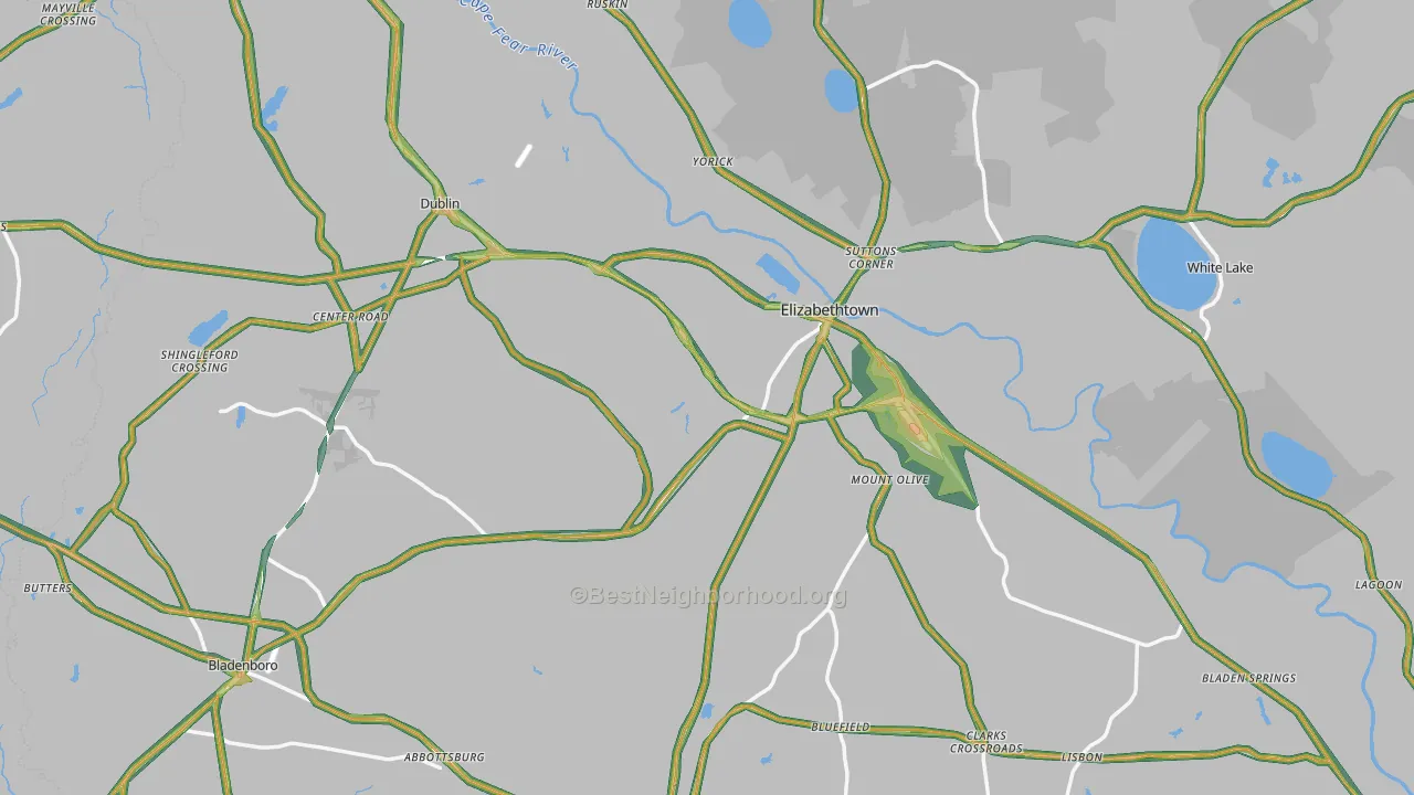 Bladen County, NC Map of Noise Levels in Bladen County