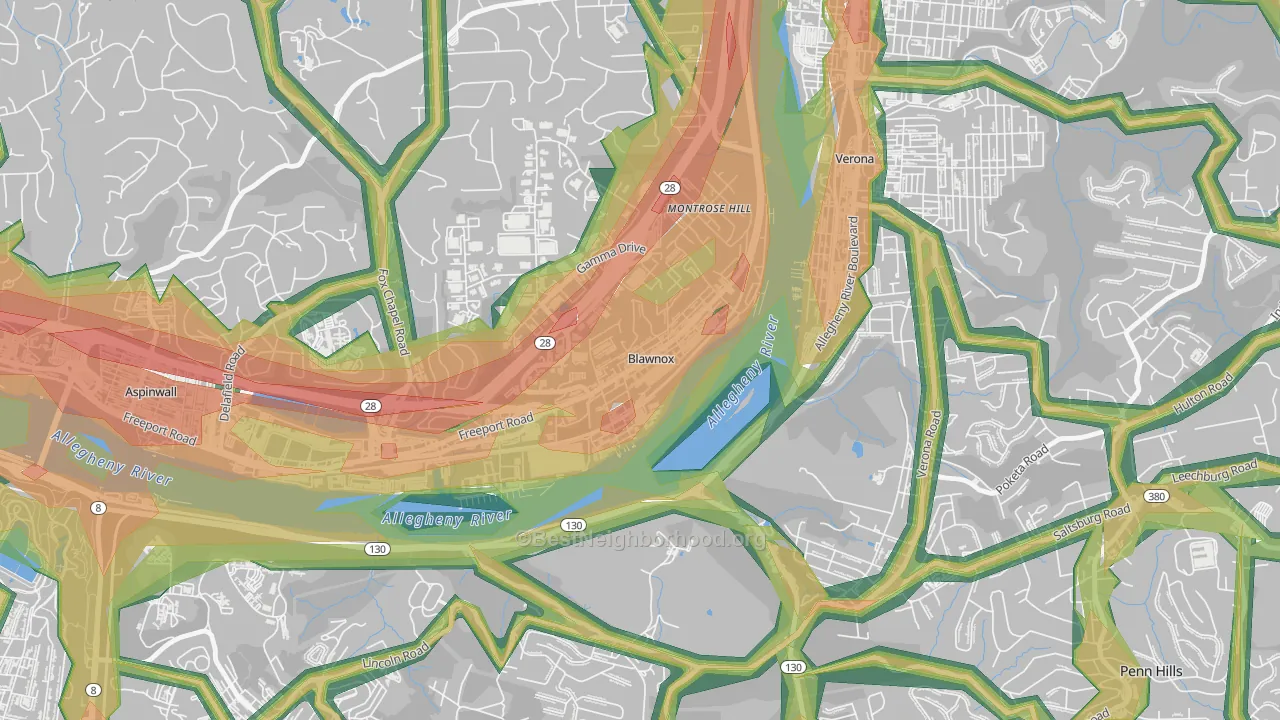 Blawnox, PA Map of Noise Levels in Blawnox