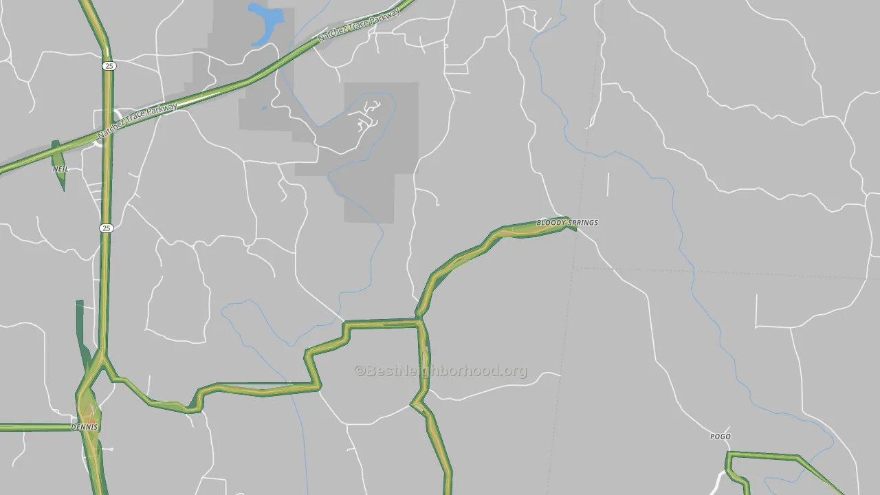 Bloody Springs, MS Map of Noise Levels in Bloody Springs