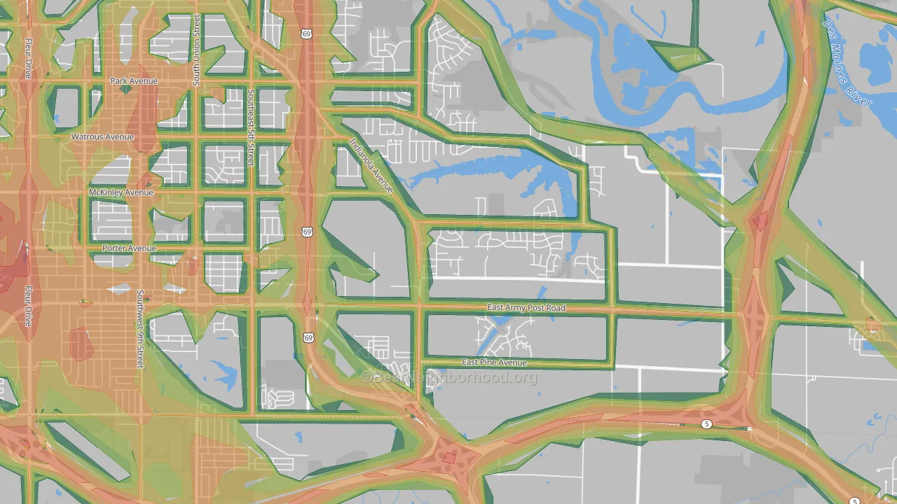 Bloomfield-Allen, Des Moines, IA Map of Noise Levels in Bloomfield-Allen