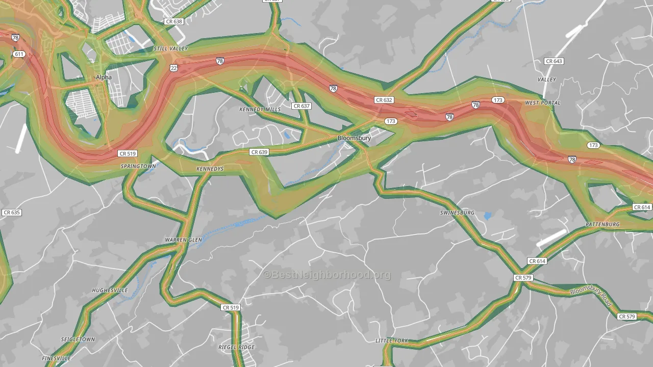 Bloomsbury, NJ Map of Noise Levels in Bloomsbury
