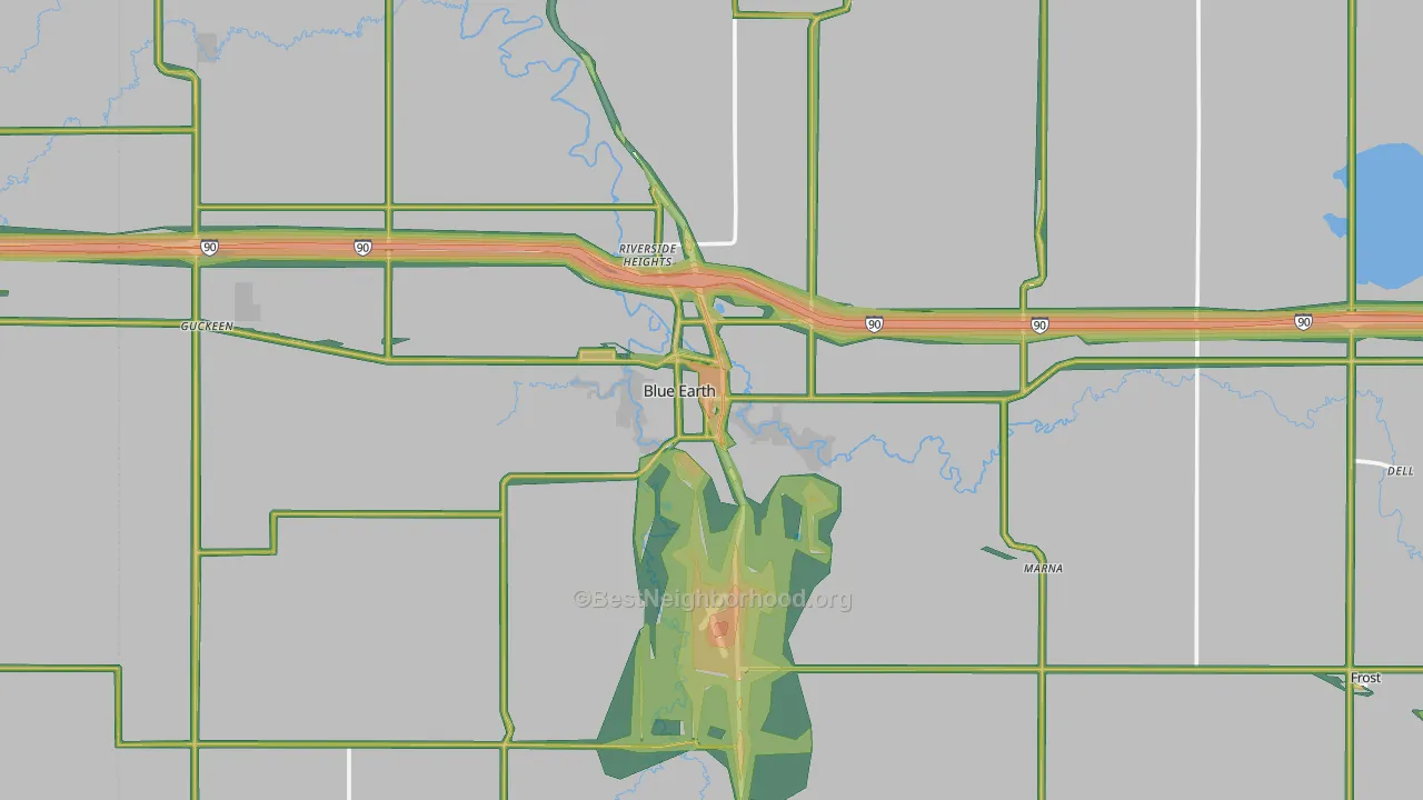 Blue Earth, MN Map of Noise Levels in Blue Earth