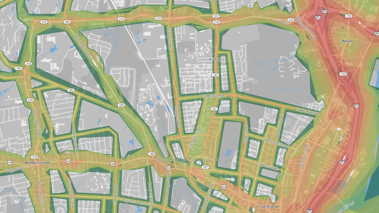 Blue Hills, Hartford, CT Map of Noise Levels in Blue Hills