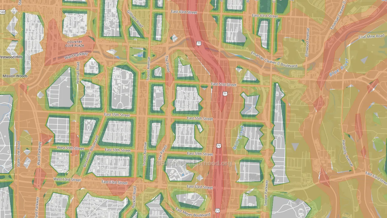 Blue Hills, Kansas City, MO Map of Noise Levels in Blue Hills