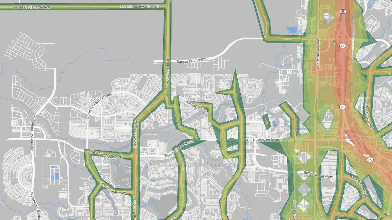 Blue Oaks, Roseville, CA Map of Noise Levels in Blue Oaks