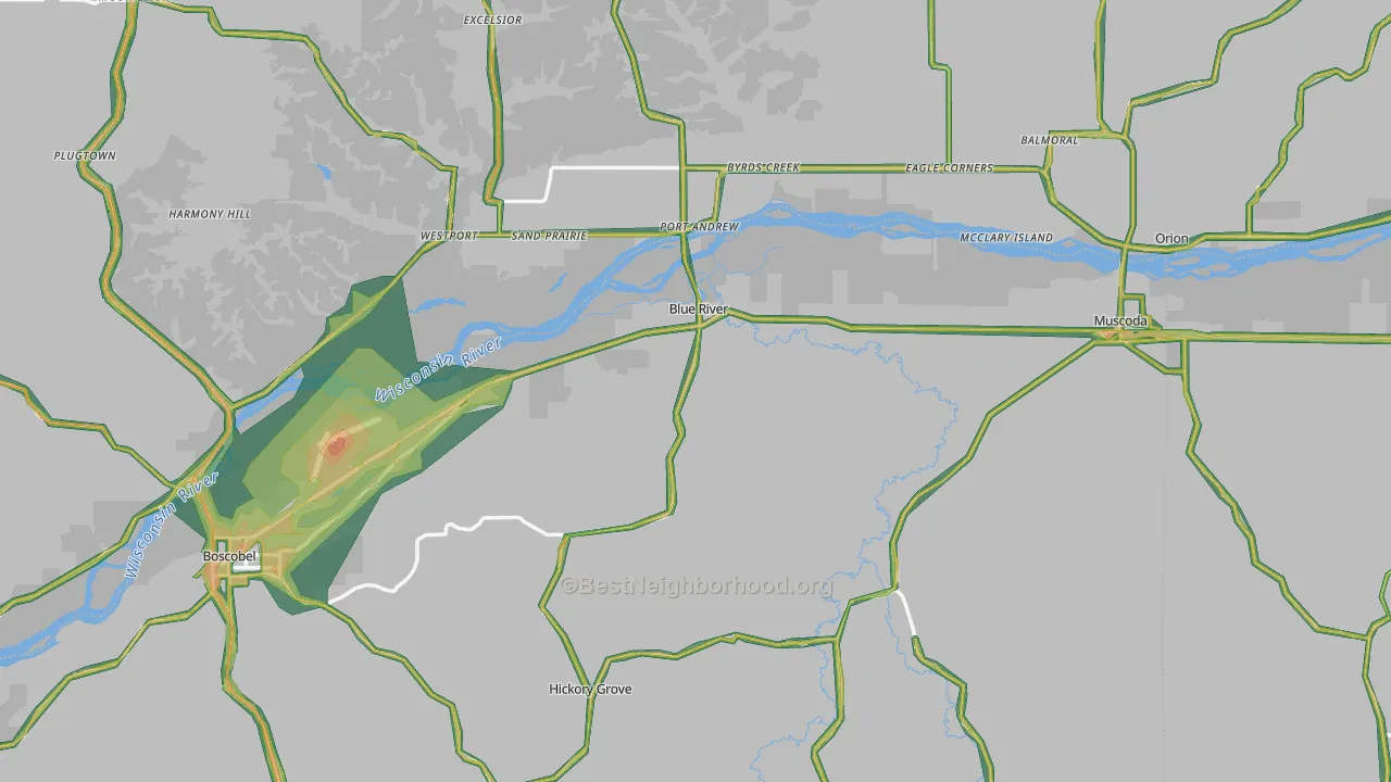 Blue River, WI Map of Noise Levels in Blue River