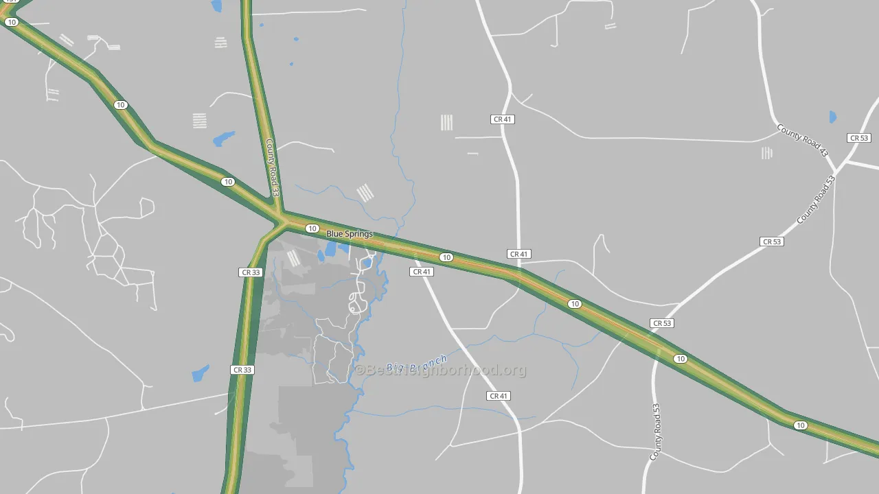 Blue Springs, AL Map of Noise Levels in Blue Springs