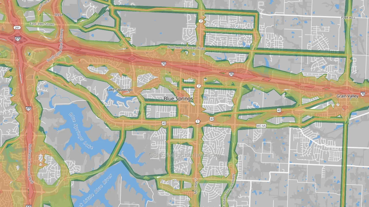 Blue Springs, MO Map of Noise Levels in Blue Springs