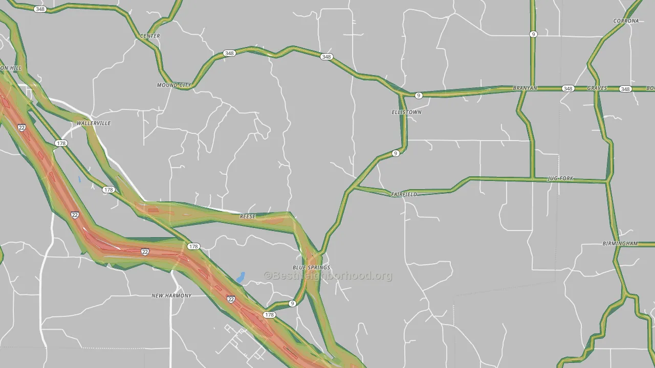 Blue Springs, MS Map of Noise Levels in Blue Springs