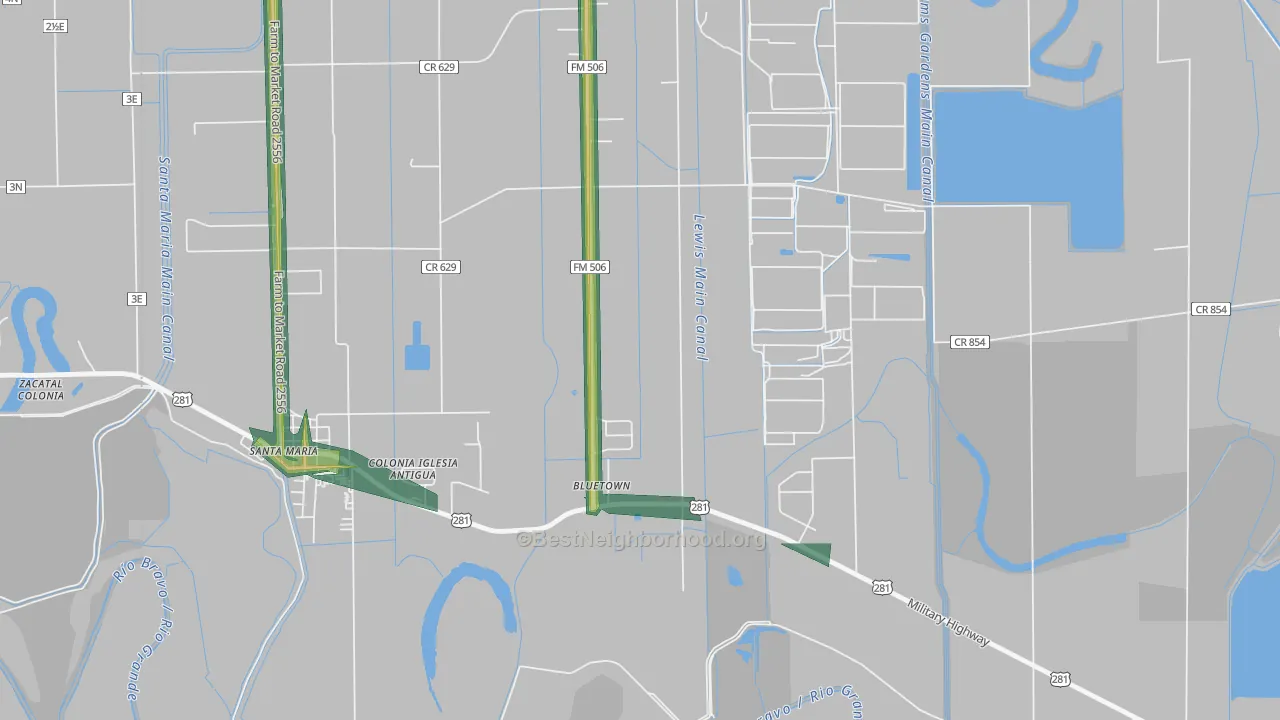 Bluetown, TX Map of Noise Levels in Bluetown