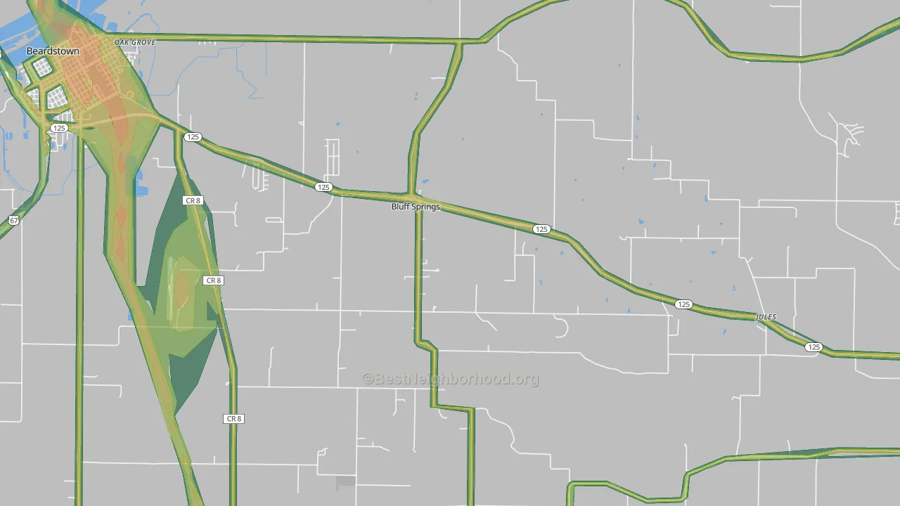 Bluff Springs, IL Map of Noise Levels in Bluff Springs