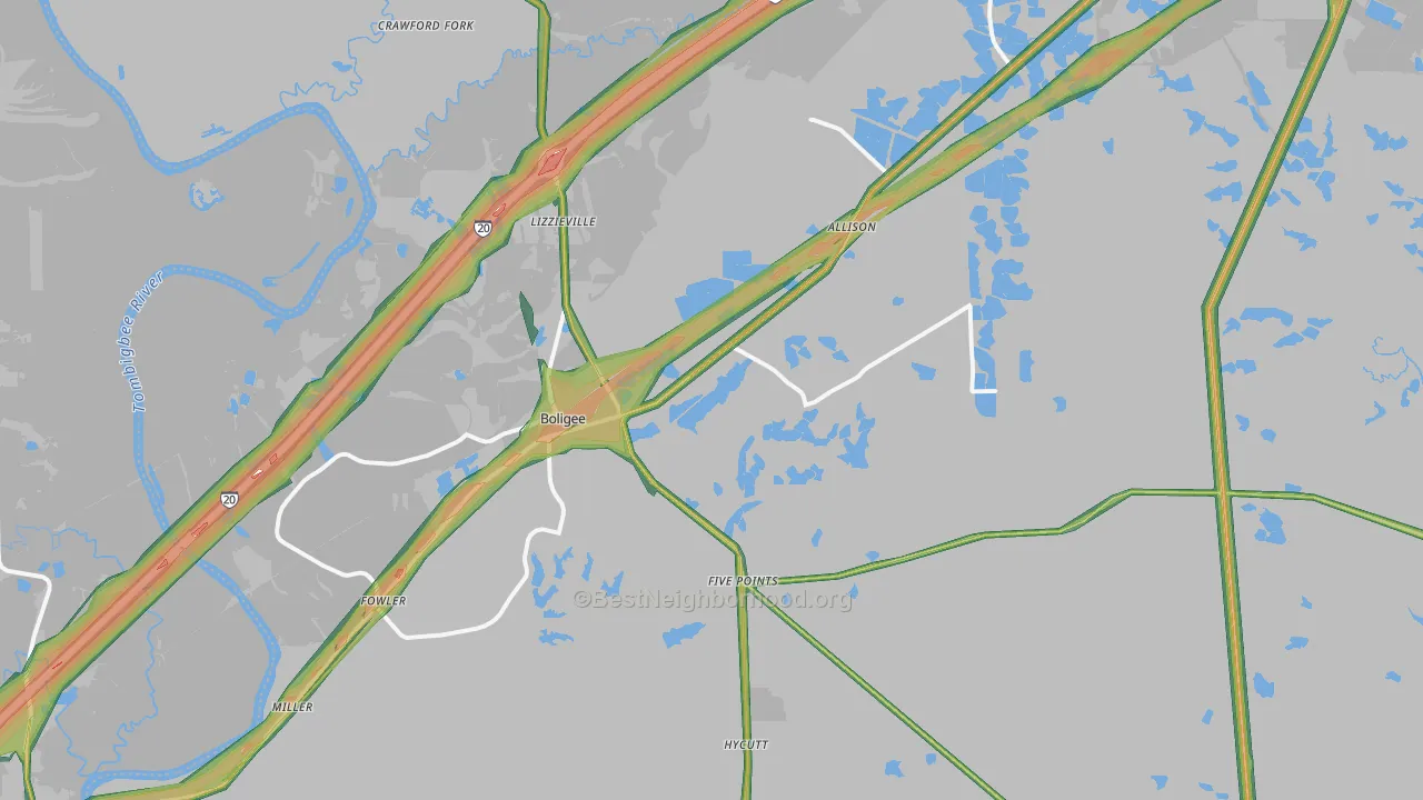 Boligee, AL Map of Noise Levels in Boligee