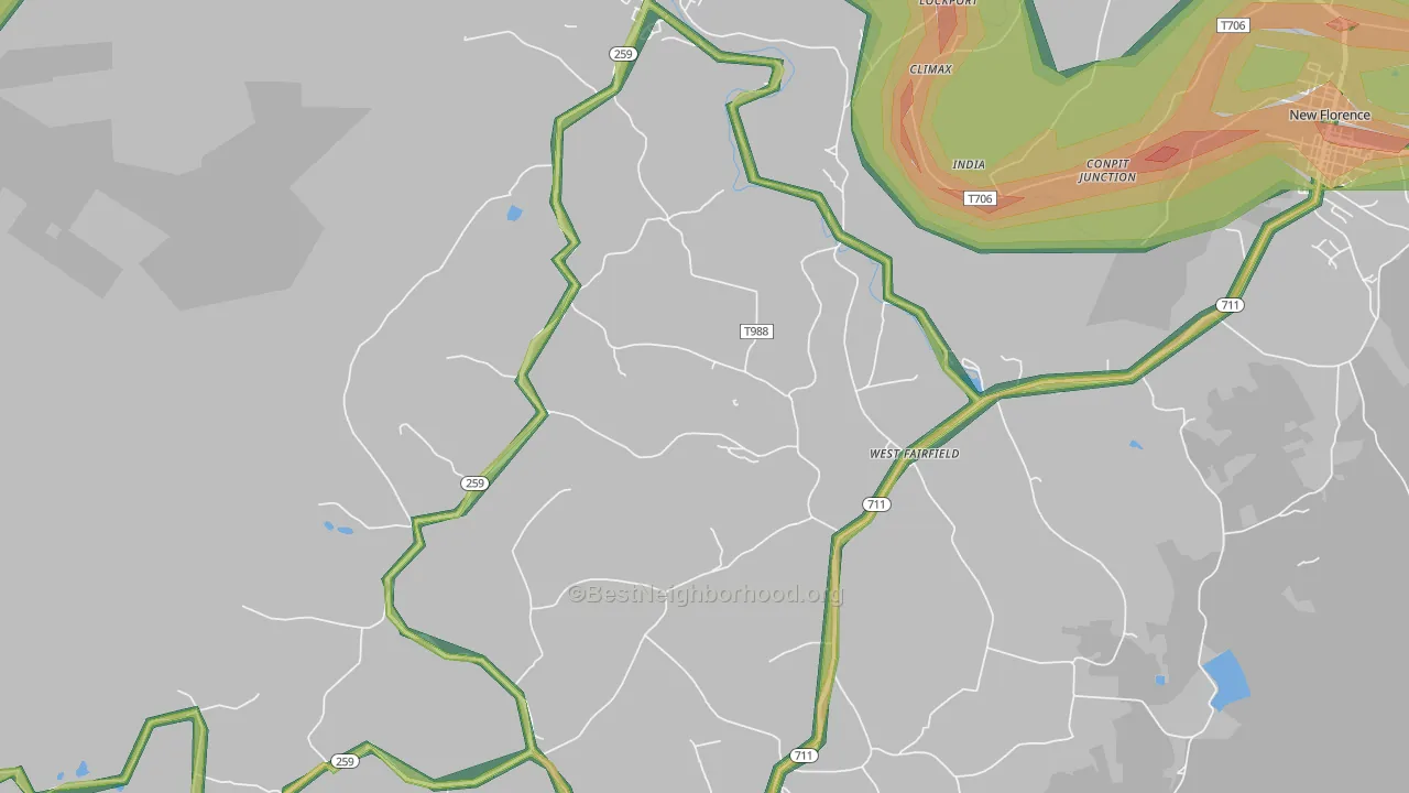 Bolivar, PA Map of Noise Levels in Bolivar