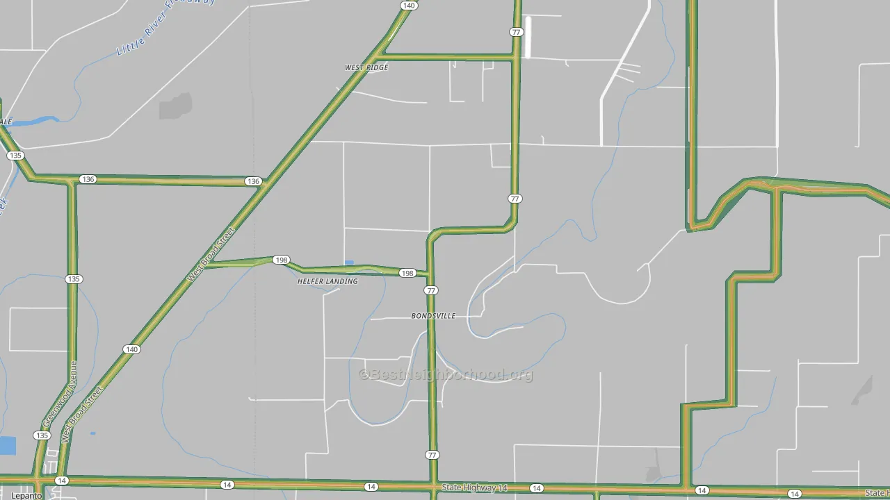 Bondsville, AR Map of Noise Levels in Bondsville