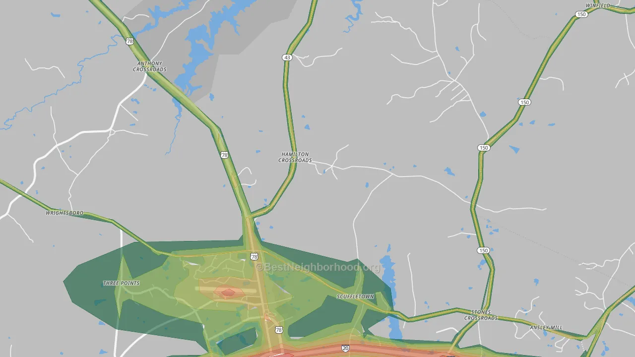 Boneville, GA Map of Noise Levels in Boneville